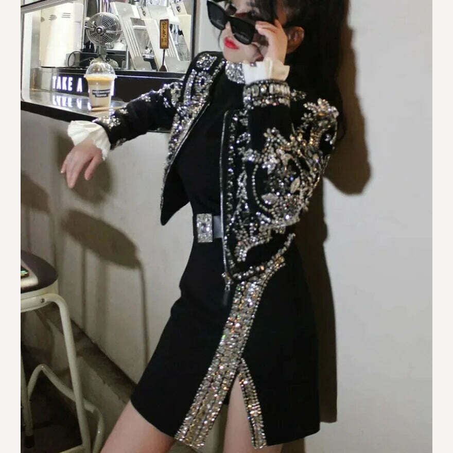 New Luxury Handmade Diamonds Vintage Jacket Women Elegant Party Fashion Black Short Coat Office Ladies Autumn Designer Jackets - KIMLUD