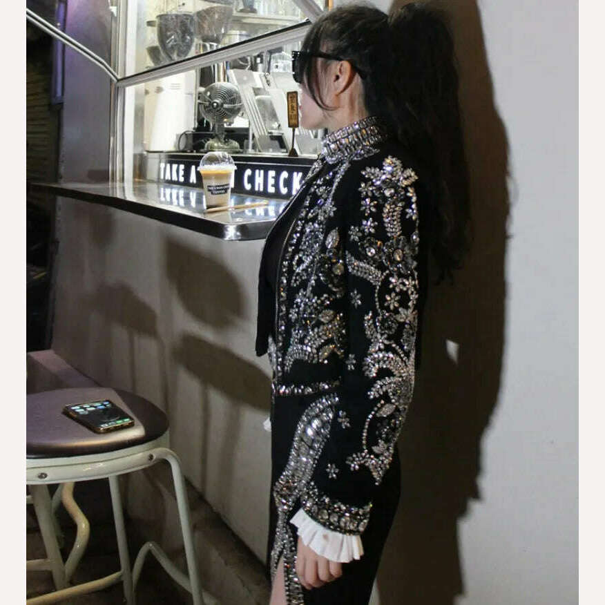 New Luxury Handmade Diamonds Vintage Jacket Women Elegant Party Fashion Black Short Coat Office Ladies Autumn Designer Jackets - KIMLUD
