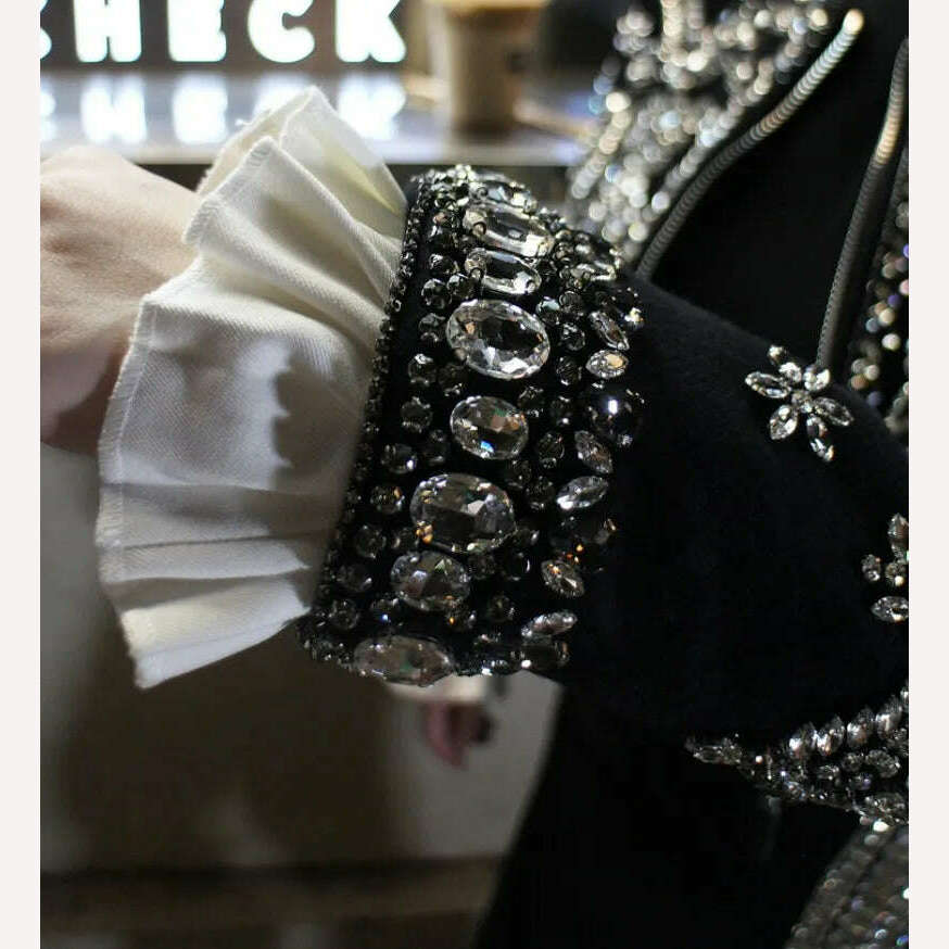 New Luxury Handmade Diamonds Vintage Jacket Women Elegant Party Fashion Black Short Coat Office Ladies Autumn Designer Jackets - KIMLUD