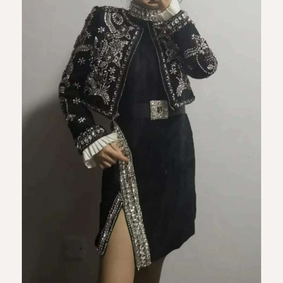 New Luxury Handmade Diamonds Vintage Jacket Women Elegant Party Fashion Black Short Coat Office Ladies Autumn Designer Jackets - KIMLUD