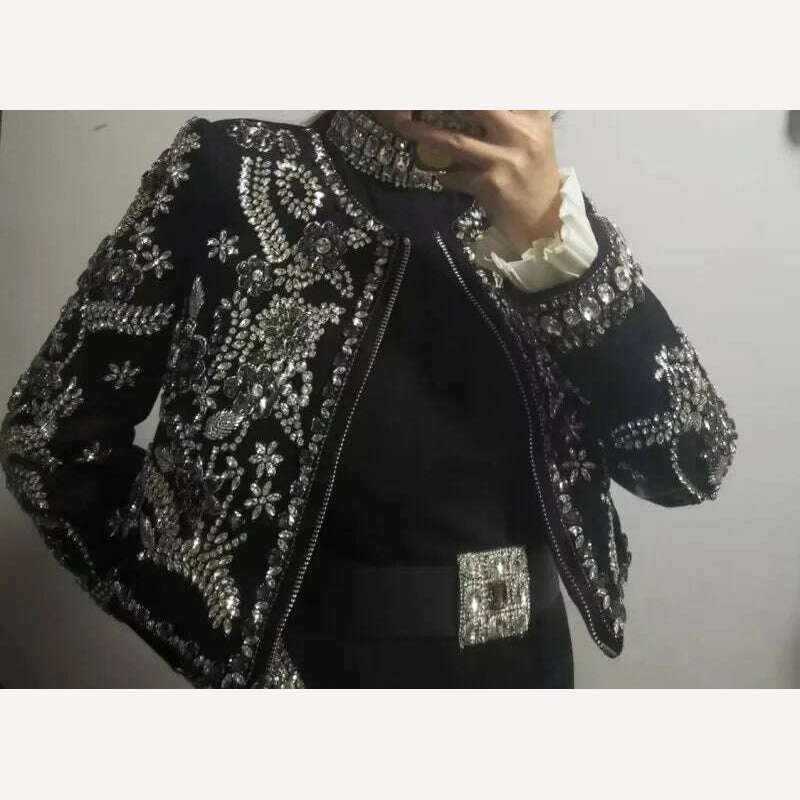 New Luxury Handmade Diamonds Vintage Jacket Women Elegant Party Fashion Black Short Coat Office Ladies Autumn Designer Jackets - KIMLUD