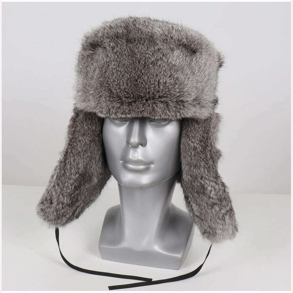 KIMLUD, New Men Russian Winter Real Rabbit Fur Bomber Hat Super Warm 100% Natural Rabbit Fur Hats Male Full Pelt Genuine Rabbit Fur Cap, KIMLUD Womens Clothes