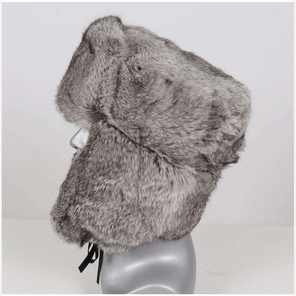 KIMLUD, New Men Russian Winter Real Rabbit Fur Bomber Hat Super Warm 100% Natural Rabbit Fur Hats Male Full Pelt Genuine Rabbit Fur Cap, KIMLUD Womens Clothes