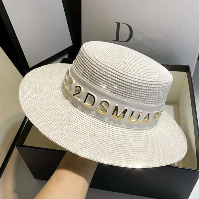 New Summer Sun Hats Women Fashion Girl Straw Hat Ribbon Bow Beach Hat Casual Straw Flat Top Panama Hat Bone Feminino - KIMLUD