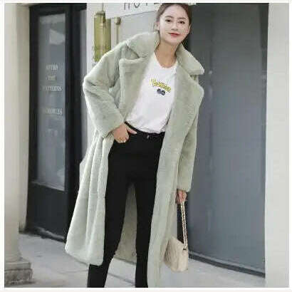 KIMLUD, New Women Autumn Winter Furry Warm Fur Outerwear Fashion Loose Faux Fur Rabbit Long Jacket Casual Thickened Fur Coat, Light green / S, KIMLUD Womens Clothes