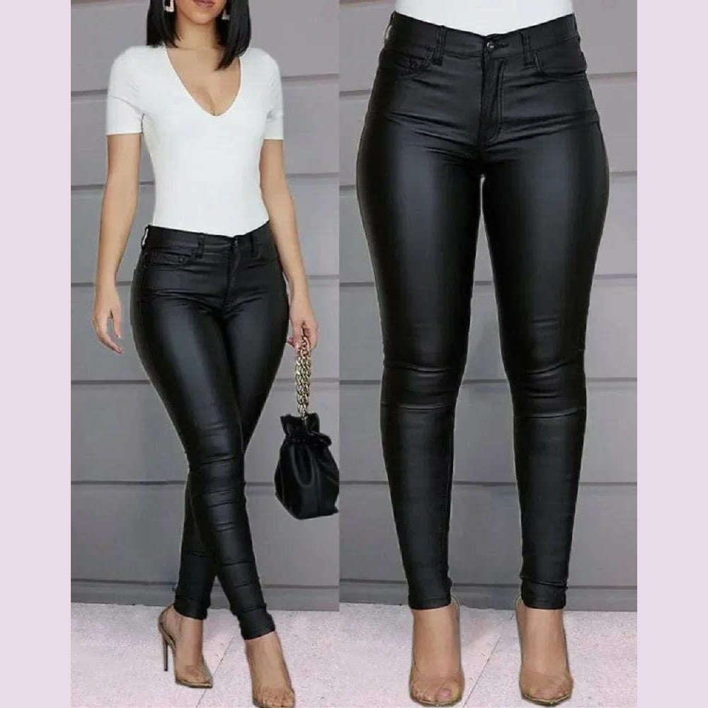 KIMLUD, New Women PU Leather Pants Black Sexy Stretch Bodycon Trousers Women High Waist Long Casual Pencil Pants Plus Size XS-4XL, KIMLUD Womens Clothes