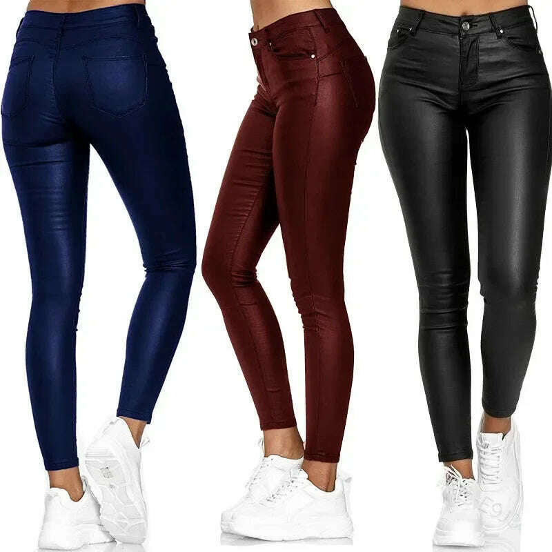 KIMLUD, New Women PU Leather Pants Black Sexy Stretch Bodycon Trousers Women High Waist Long Casual Pencil Pants Plus Size XS-4XL, KIMLUD Womens Clothes