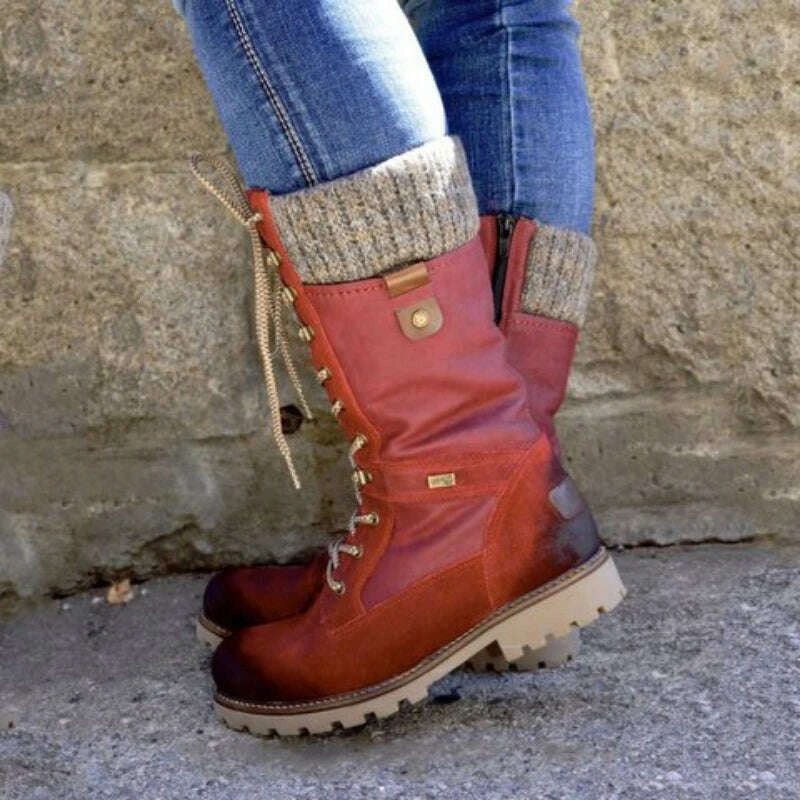 New Women&#39;s Boots Round Toe Low Heel Side Zip Mid Boots Vintage Platform Comfort Vulcanized Shoes Bota Longa Feminina - KIMLUD
