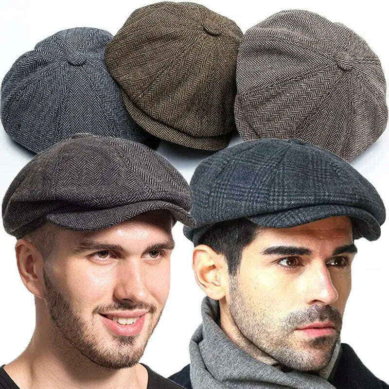 Newsboy Hat Men Beret Cabbie Driving Hunting Caps Vintage Tweed Peaky Blinders Berets Flat Peaked Cap Street Hats for Men Women - KIMLUD