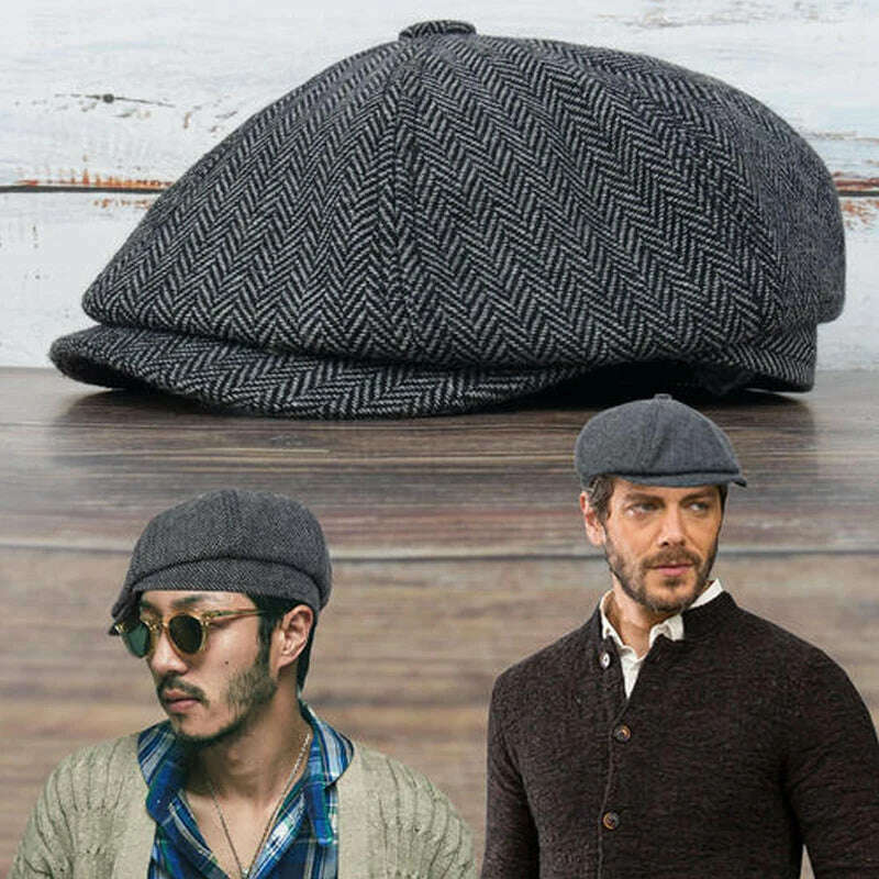 Newsboy Hat Men Beret Cabbie Driving Hunting Caps Vintage Tweed Peaky Blinders Berets Flat Peaked Cap Street Hats for Men Women - KIMLUD