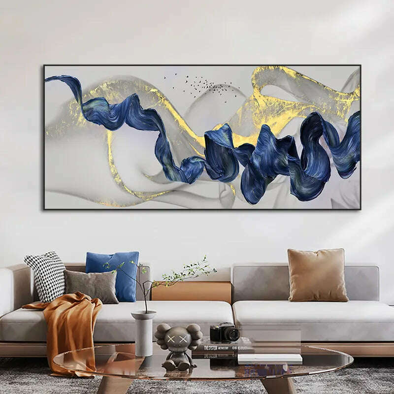 KIMLUD, Nordic Golden Luxury Canvas Painting Blue Ribbon Abstract Posters and Prints Wall Art Pictures for Living Room Home Decoration, KIMLUD Womens Clothes