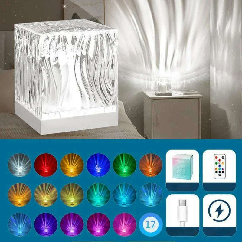 Northern Lights Aurora Borealis lamp USB Rechargeable Water Ripple Projector Night Light RGB Crystal Lamp Room Decor Mood Light - KIMLUD