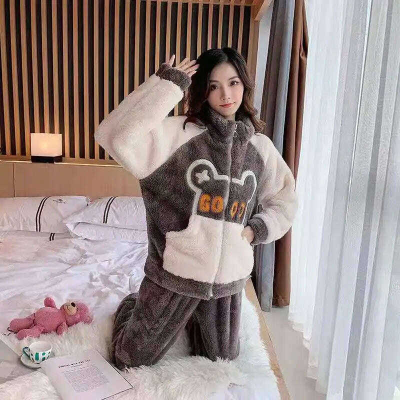 Novelty Pajamas Winter Hooded Thick Flannel Pajamas Set Fat Laides Velvet Nightwear Sweatshirt Warm Kawaii Home Clothes - KIMLUD