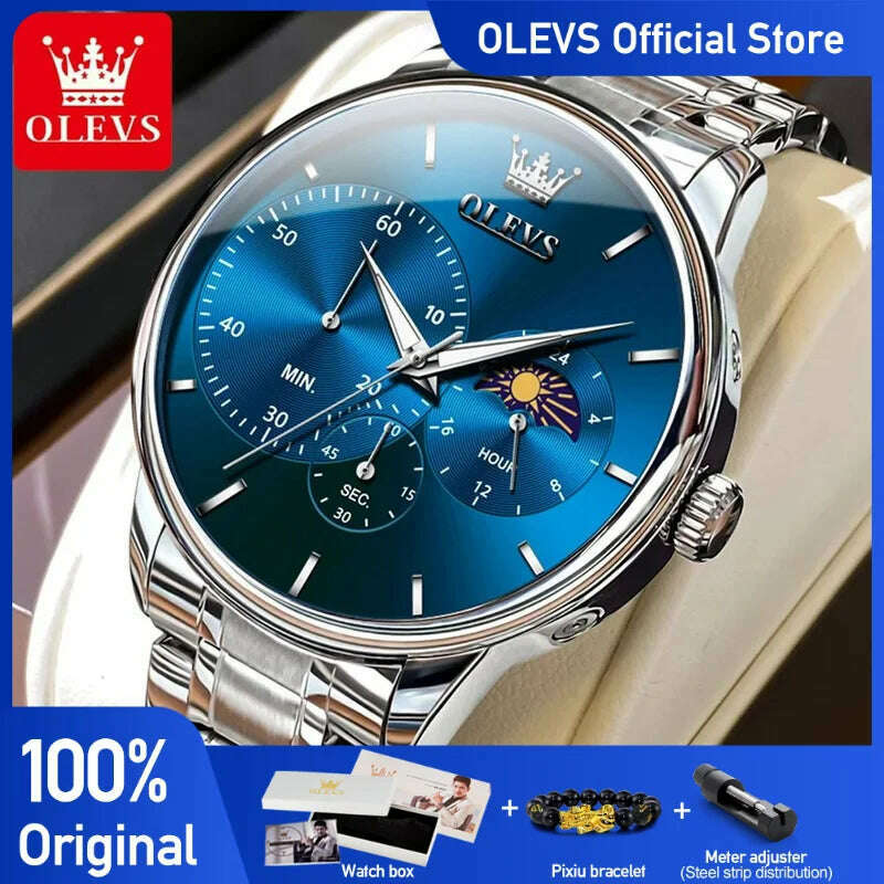 KIMLUD, OLEVS Men's Watches Simple Casual Original Quartz Watch for Man Waterproof Stainleess Steel Luminous Moon Phase Chronograph 24H, KIMLUD Womens Clothes