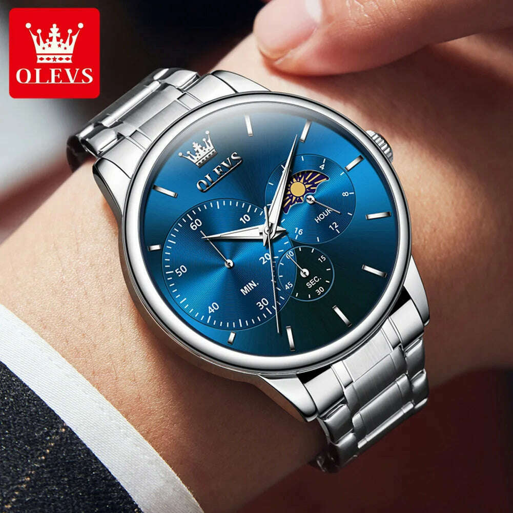 KIMLUD, OLEVS Men's Watches Simple Casual Original Quartz Watch for Man Waterproof Stainleess Steel Luminous Moon Phase Chronograph 24H, KIMLUD Womens Clothes