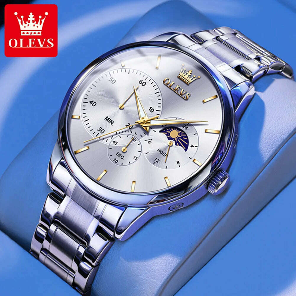 KIMLUD, OLEVS Men's Watches Simple Casual Original Quartz Watch for Man Waterproof Stainleess Steel Luminous Moon Phase Chronograph 24H, KIMLUD Womens Clothes