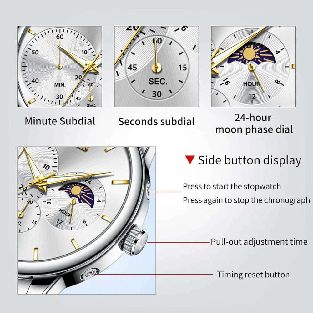 KIMLUD, OLEVS Men's Watches Simple Casual Original Quartz Watch for Man Waterproof Stainleess Steel Luminous Moon Phase Chronograph 24H, KIMLUD Womens Clothes