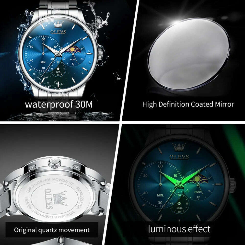 KIMLUD, OLEVS Men's Watches Simple Casual Original Quartz Watch for Man Waterproof Stainleess Steel Luminous Moon Phase Chronograph 24H, KIMLUD Womens Clothes