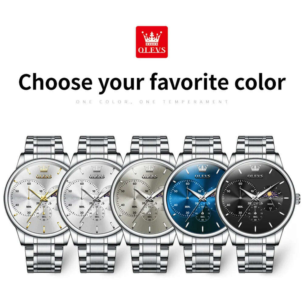 KIMLUD, OLEVS Men's Watches Simple Casual Original Quartz Watch for Man Waterproof Stainleess Steel Luminous Moon Phase Chronograph 24H, KIMLUD Womens Clothes