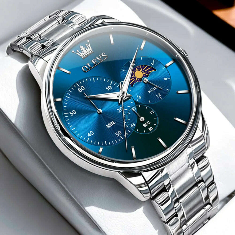 KIMLUD, OLEVS Men's Watches Simple Casual Original Quartz Watch for Man Waterproof Stainleess Steel Luminous Moon Phase Chronograph 24H, silver blue / CHINA, KIMLUD APPAREL - Womens Clothes