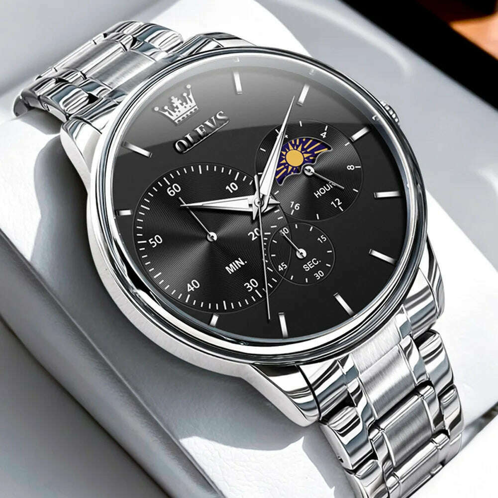 KIMLUD, OLEVS Men's Watches Simple Casual Original Quartz Watch for Man Waterproof Stainleess Steel Luminous Moon Phase Chronograph 24H, silver black / CHINA, KIMLUD APPAREL - Womens Clothes