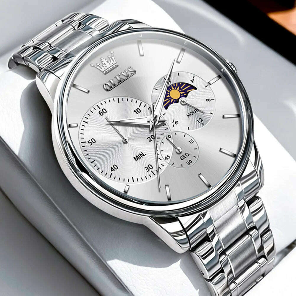 KIMLUD, OLEVS Men's Watches Simple Casual Original Quartz Watch for Man Waterproof Stainleess Steel Luminous Moon Phase Chronograph 24H, silver white / CHINA, KIMLUD APPAREL - Womens Clothes