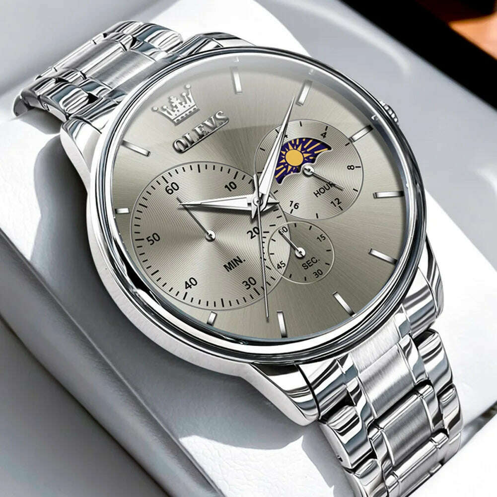 KIMLUD, OLEVS Men's Watches Simple Casual Original Quartz Watch for Man Waterproof Stainleess Steel Luminous Moon Phase Chronograph 24H, silver grey / CHINA, KIMLUD APPAREL - Womens Clothes