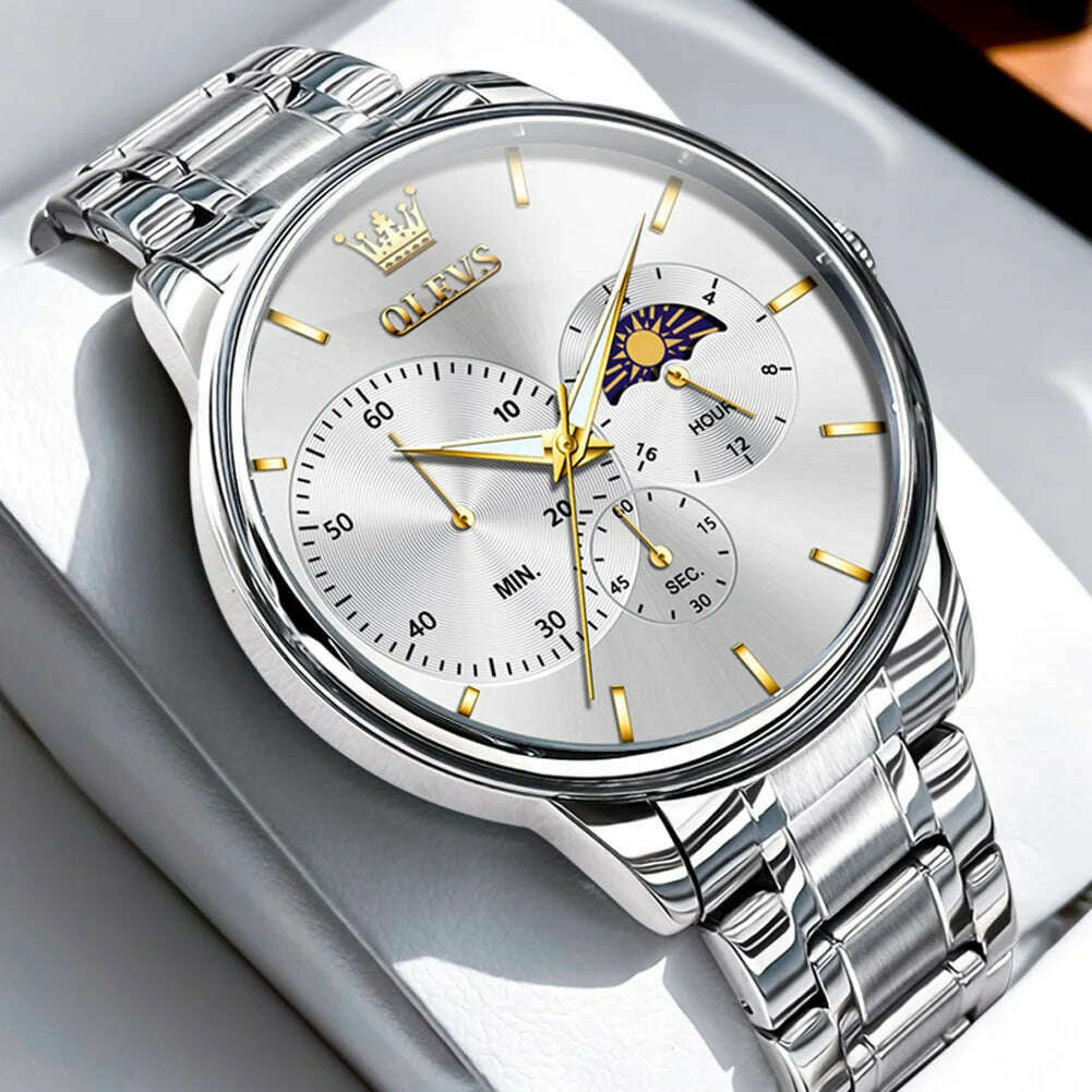 KIMLUD, OLEVS Men's Watches Simple Casual Original Quartz Watch for Man Waterproof Stainleess Steel Luminous Moon Phase Chronograph 24H, white gold / CHINA, KIMLUD APPAREL - Womens Clothes