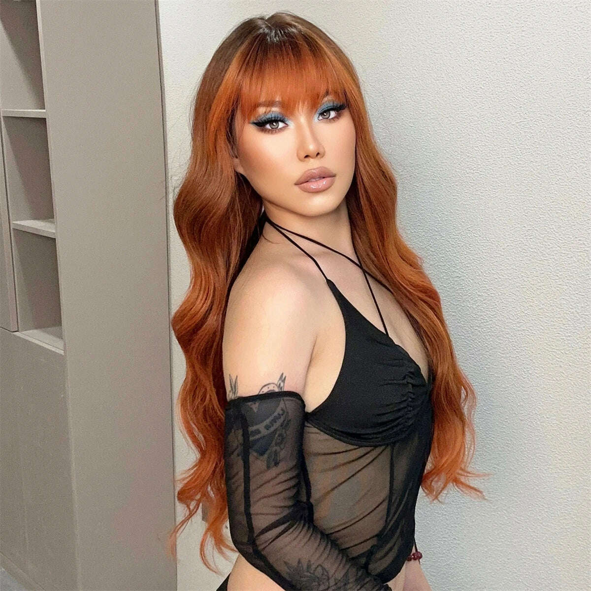 Ombre Red Brown Synthetic Wig with Bangs Long Wavy Copper Brown Women Wigs Natural Hair Cosplay Daily Use Wig Heat Resistant - KIMLUD