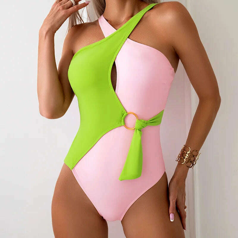 One Piece Tankini Swimwear 2024 Orange Black Contrast Hollow Out Cross Ring Linked Belt Swimsuit Bathing Suit Backless Monokini - KIMLUD