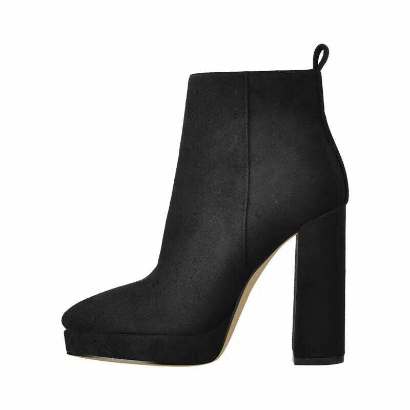 Onlymaker Women Ankle Boots Pointed Toe Black Matte Flock 12CM Chunky Heel Platform Booties Party Shoes Large Size Short Boots - KIMLUD