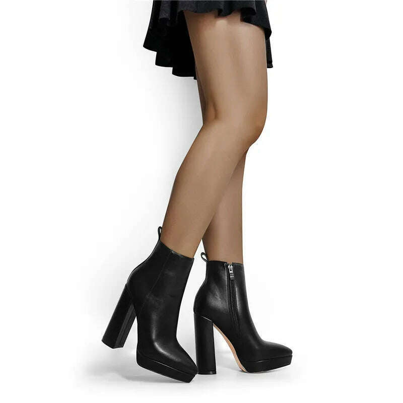Onlymaker Women Ankle Boots Pointed Toe Black Matte Flock 12CM Chunky Heel Platform Booties Party Shoes Large Size Short Boots - KIMLUD
