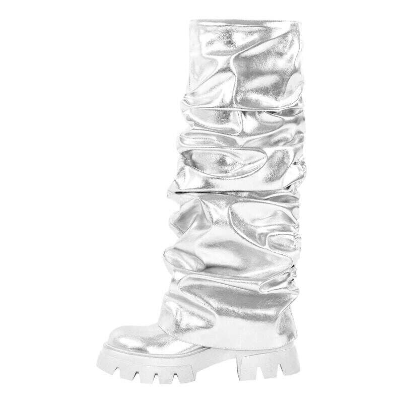 Onlymaker Women Green Round Toe Fold Over Boots Webs Fashion Handmade Female Mid-Calf Boots - KIMLUD