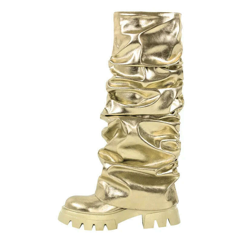 Onlymaker Women Green Round Toe Fold Over Boots Webs Fashion Handmade Female Mid-Calf Boots - KIMLUD