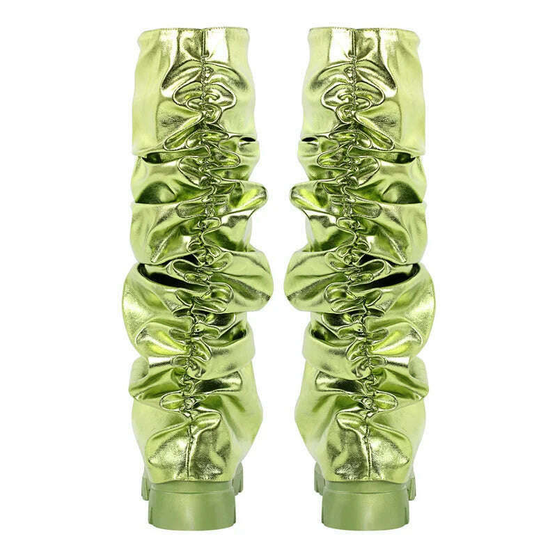 Onlymaker Women Green Round Toe Fold Over Boots Webs Fashion Handmade Female Mid-Calf Boots - KIMLUD