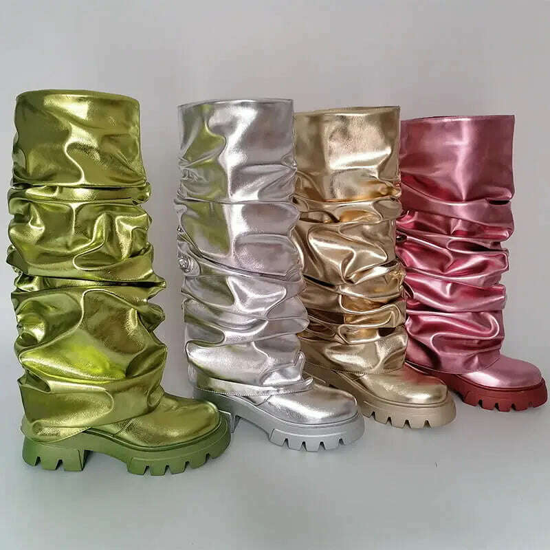 Onlymaker Women Green Round Toe Fold Over Boots Webs Fashion Handmade Female Mid-Calf Boots - KIMLUD