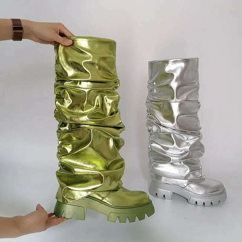 Onlymaker Women Green Round Toe Fold Over Boots Webs Fashion Handmade Female Mid-Calf Boots - KIMLUD