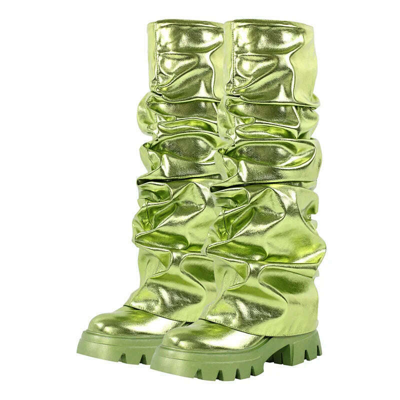 Onlymaker Women Green Round Toe Fold Over Boots Webs Fashion Handmade Female Mid-Calf Boots - KIMLUD