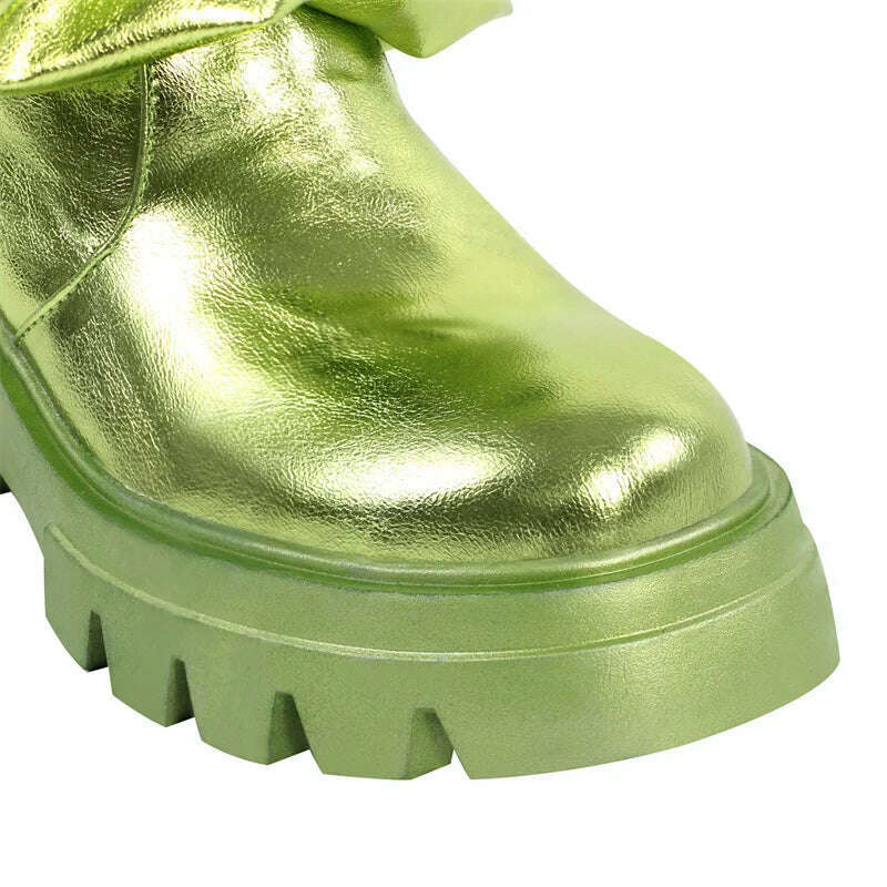 Onlymaker Women Green Round Toe Fold Over Boots Webs Fashion Handmade Female Mid-Calf Boots - KIMLUD