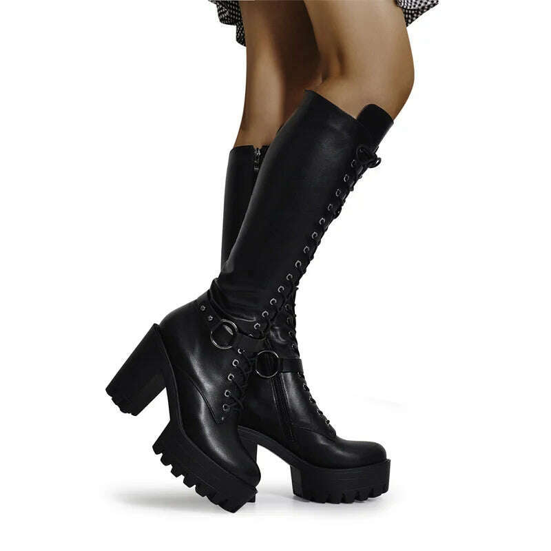Onlymaker Women&#39;s Black Matte Platform Front Lace-Up Side Zip Knee High Boots Lady Fashion Classic Big Size Winter Boots - KIMLUD