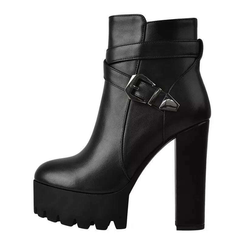 Onlymaker Women&#39;s Matte Black Platform Chunky High Heel Side Zip Ankle Boots Plus Size Boots - KIMLUD
