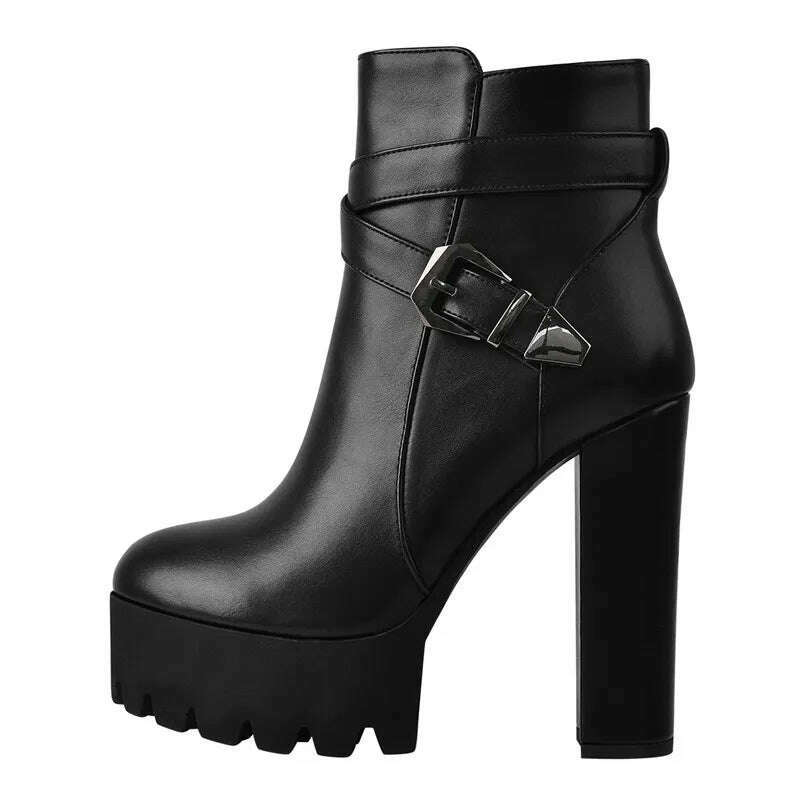 Onlymaker Women&#39;s Matte Black Platform Chunky High Heel Side Zip Ankle Boots Plus Size Boots - KIMLUD