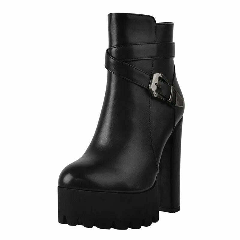 Onlymaker Women&#39;s Matte Black Platform Chunky High Heel Side Zip Ankle Boots Plus Size Boots - KIMLUD