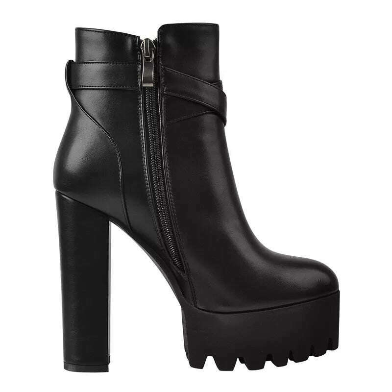 Onlymaker Women&#39;s Matte Black Platform Chunky High Heel Side Zip Ankle Boots Plus Size Boots - KIMLUD
