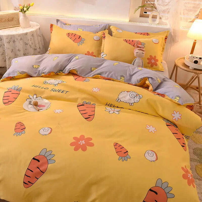 Orange Bedding Set Girls Boys Bed Linen Sheet Plaid Duvet Cover No Filling 240x220 Single Double Queen King Bedclothes - KIMLUD
