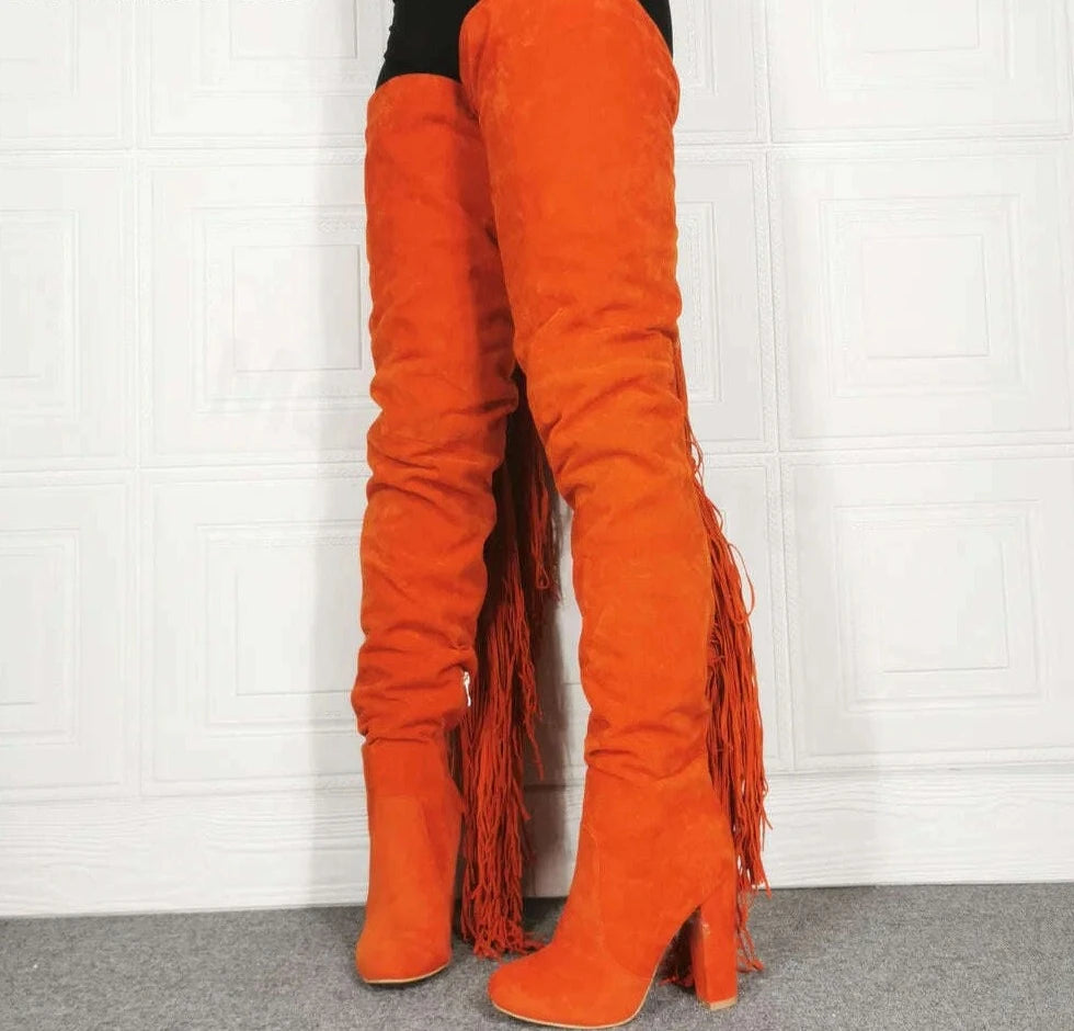 Orange Suede Tassel Boots Round Toe Chunky High Heel Large Size Women's Boots Stretch Fashion Banquet Casual Thigh Boots - KIMLUD