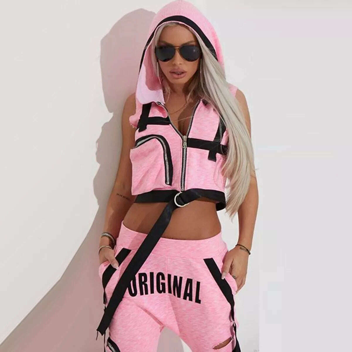 Oshoplive Fashion Hooded Zipper Vest&amp;Hole Pants Suits Women Casual Spring&amp;Autumn Sportswear Sleeveless Sweatpants For Women - KIMLUD