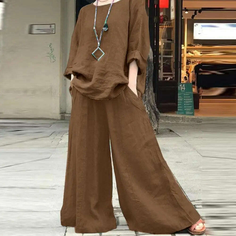 KIMLUD, pant sets Spring Suit Stylish Women's Cotton Linen Suit Set Long Sleeve Shirt Wide Leg Trousers for Spring Summer Autumn Casual, KIMLUD Womens Clothes