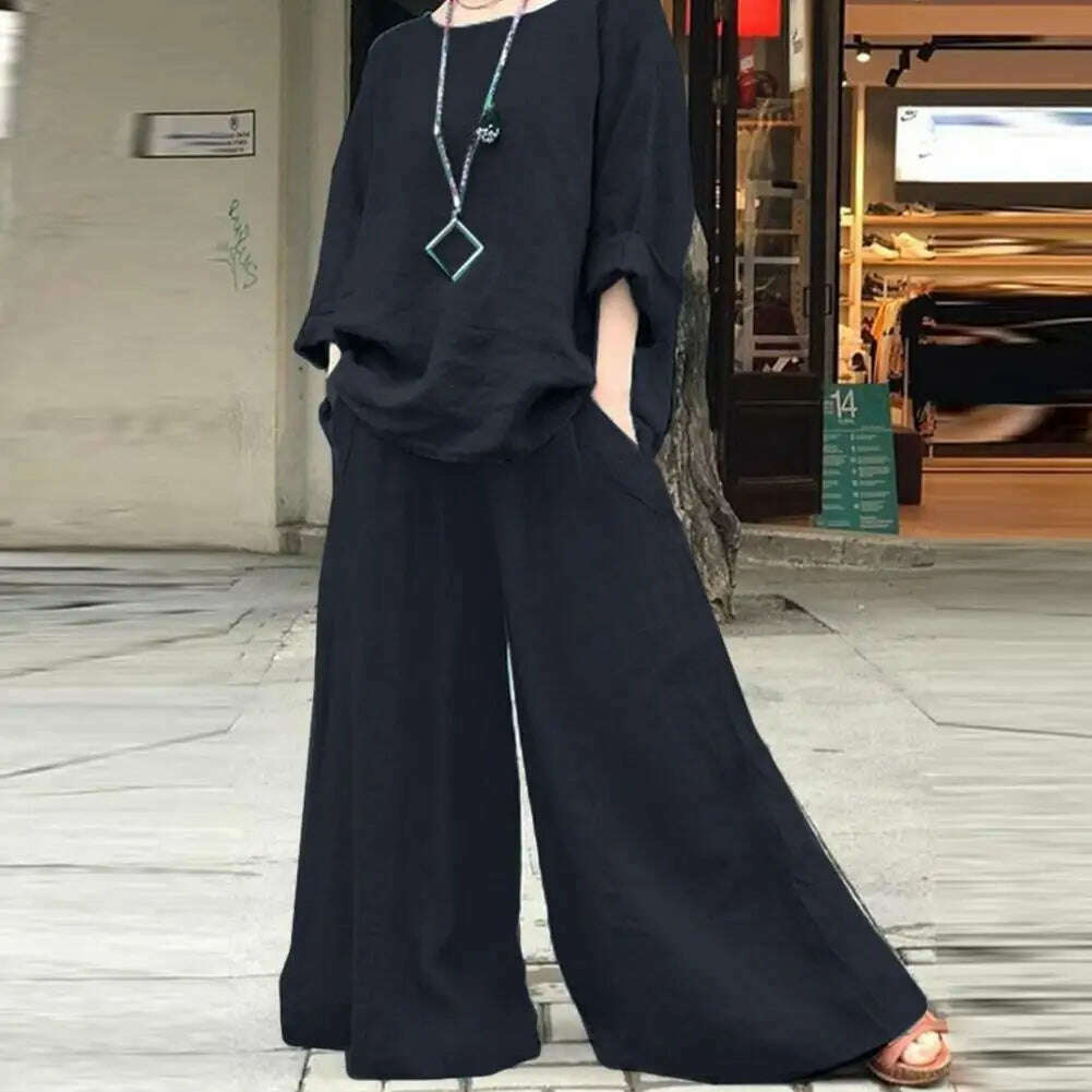 KIMLUD, pant sets Spring Suit Stylish Women's Cotton Linen Suit Set Long Sleeve Shirt Wide Leg Trousers for Spring Summer Autumn Casual, KIMLUD Womens Clothes