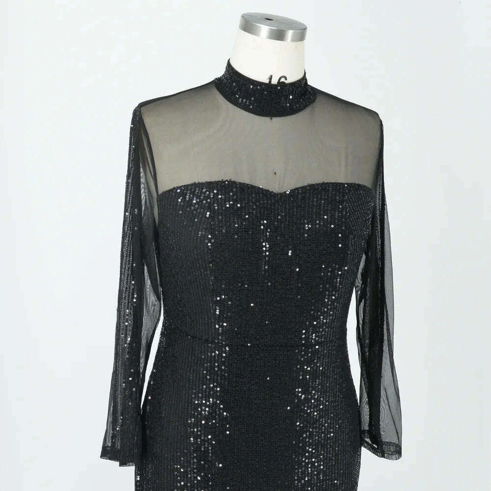 Party Dresses Plus Size Women Sequins Lace Splicing Black Elegant Evening Dresses Long Sleeve Large Fashion Lady Banquet Dress - KIMLUD
